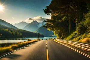 a scenic road with mountains in the background. AI-Generated photo