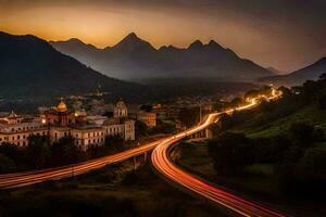 a long exposure photo of a city and mountains at sunset. AI-Generated