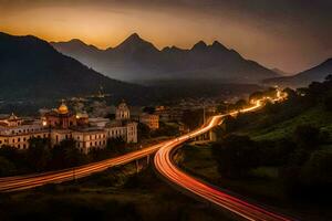 un largo exposición foto de un ciudad y montañas a puesta de sol. generado por ai