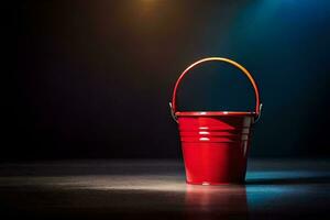 a red bucket on a dark floor. AI-Generated photo