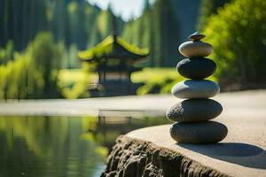 stacked stones in front of a pond. AI-Generated photo