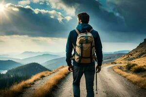 un hombre con un mochila caminando en un la carretera en el montañas. generado por ai foto