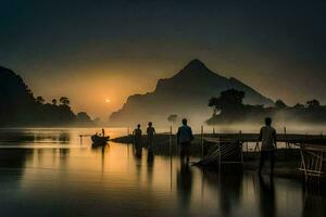 personas pescar en el río a amanecer. generado por ai foto