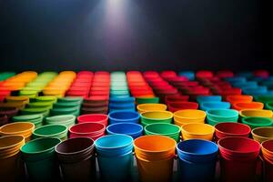 many colorful plastic cups are arranged in a row. AI-Generated photo