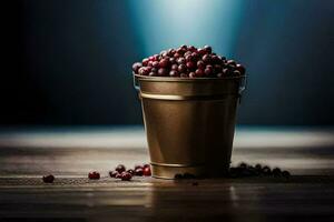 a bucket filled with cranberries on a wooden table. AI-Generated photo