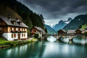 foto fondo de pantalla el cielo, montañas, río, casa, puente, casa, Suiza, Alabama. generado por ai