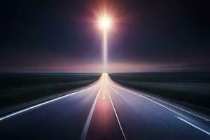 a long road with a bright light shining down on it. AI-Generated photo