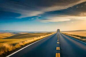 un vacío la carretera estiramientos a través de el horizonte a puesta de sol. generado por ai foto