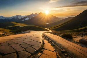 the sun rises over a mountain range with a road winding through it. AI-Generated photo