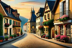 an artistic painting of a street in europe. AI-Generated photo