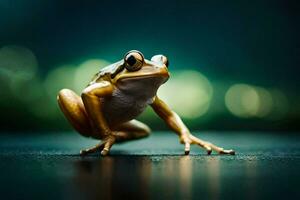 a frog is standing on its hind legs. AI-Generated photo