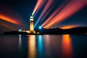 a lighthouse is lit up at night with colorful lights. AI-Generated photo