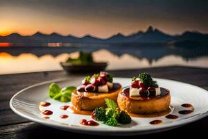 two small desserts on a plate with a sunset in the background. AI-Generated photo