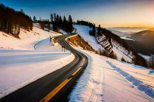 a winding road in the mountains with snow. AI-Generated photo