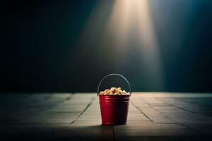 a bucket of popcorn on a wooden floor. AI-Generated photo