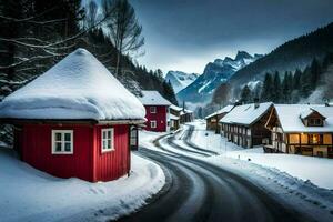 a snowy road in the mountains with red houses. AI-Generated photo