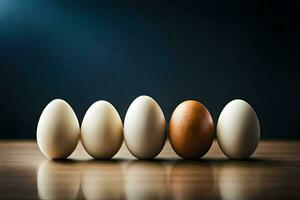 five eggs are lined up in a row. AI-Generated photo