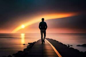 un hombre en pie en un muelle mirando a el puesta de sol. generado por ai foto