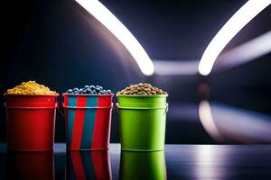 three colorful buckets with cereal and milk. AI-Generated photo