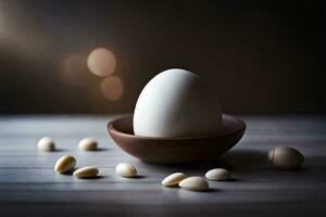 an egg in a wooden bowl with some white eggs. AI-Generated photo