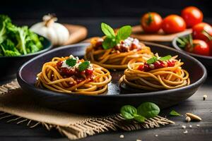 spaghetti with tomato sauce and basil leaves on a black plate. AI-Generated photo