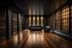 a room with wooden floors and black walls. AI-Generated photo
