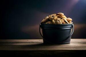 cookie cookies in a bucket on a wooden table. AI-Generated photo