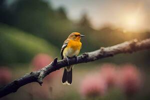 a small bird is sitting on a branch in the sun. AI-Generated photo