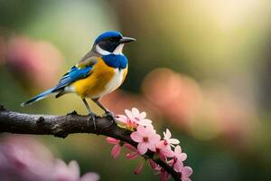 a blue and yellow bird is sitting on a branch. AI-Generated photo