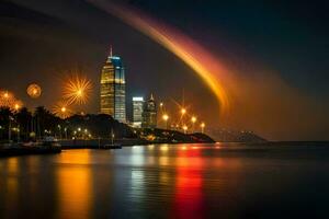 el ciudad horizonte es iluminado arriba a noche con un arcoíris. generado por ai foto