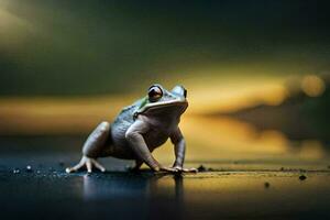 a frog is standing on the ground in front of a blurry background. AI-Generated photo