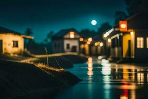 un río a noche con casas y luces. generado por ai foto