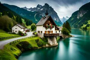 a house sits on the side of a mountain overlooking a river. AI-Generated photo