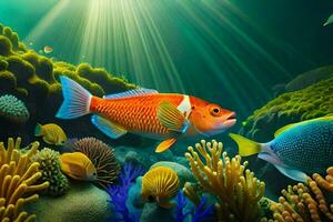 fish swimming in the ocean with coral and other marine life. AI-Generated photo