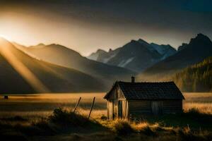 the sun shines through the clouds over a small cabin in the mountains. AI-Generated photo