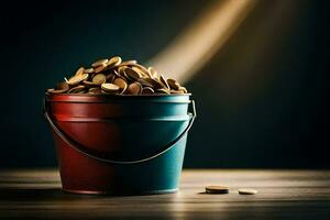 a bucket filled with coins on a wooden table. AI-Generated photo