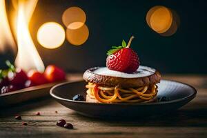 a plate with a strawberry and a piece of pasta. AI-Generated photo