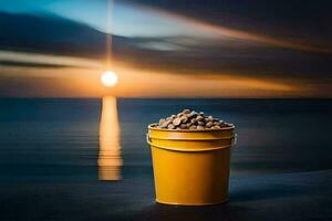 a bucket of peanuts on a table in front of the ocean. AI-Generated photo