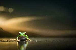 a frog sitting on the ground at night. AI-Generated photo