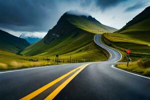 un la carretera en el montañas con un nublado cielo. generado por ai foto