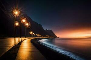 un largo caminar a lo largo el playa a noche. generado por ai foto