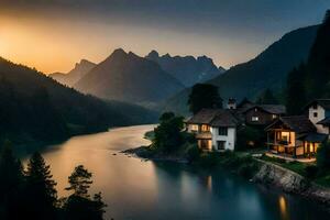 photo wallpaper the sky, mountains, river, house, lake, sunset, house, lake,. AI-Generated