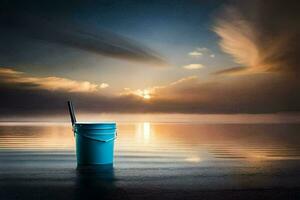 a blue bucket sits on the beach at sunset. AI-Generated photo