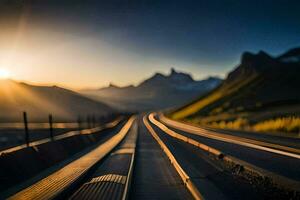 the sun is setting over a train track in the mountains. AI-Generated photo