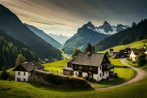 foto fondo de pantalla el cielo, montañas, casa, camino, camino, camino, camino, camino,. generado por ai