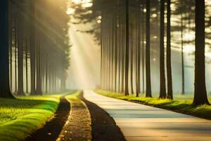 a long road through a forest with sunbeams shining through the trees. AI-Generated photo