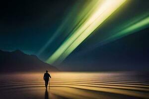 un hombre caminando a través de un playa con un brillante Aurora ligero. generado por ai foto