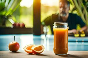 a man sitting at a table with an orange and juice. AI-Generated photo