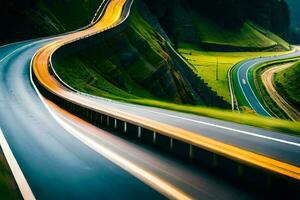 un largo exposición foto de un devanado la carretera. generado por ai