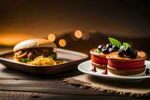 two small plates with food on a wooden table. AI-Generated photo